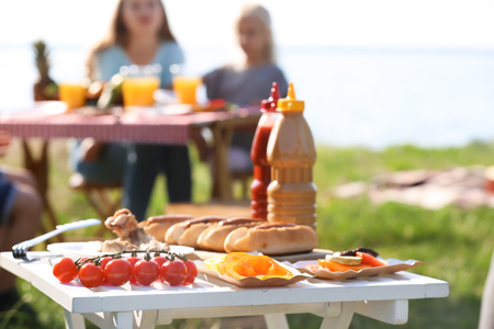 Table served for summer picnic outdoorsの写真素材