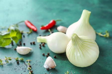 Fresh onion with garlic and spices on color textured backgroundの写真素材