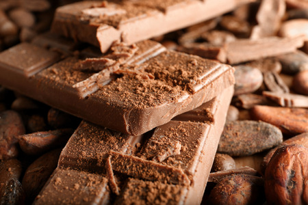 Tasty milk chocolate, coffee beans and cocoa products, closeupの写真素材