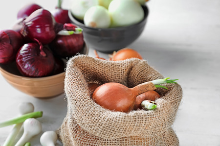 Sack with fresh onion on table