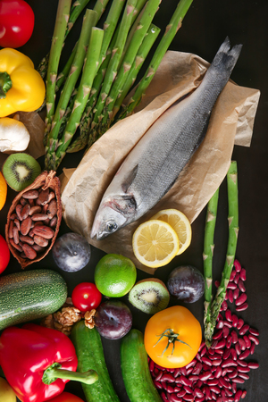 Various healthy products on dark backgroundの写真素材