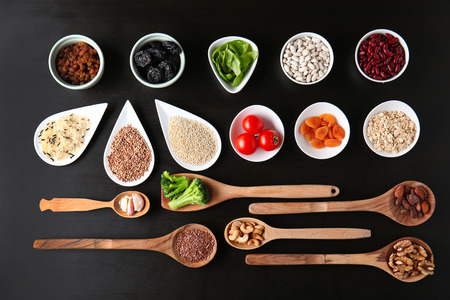 Composition with various healthy products on dark backgroundの写真素材