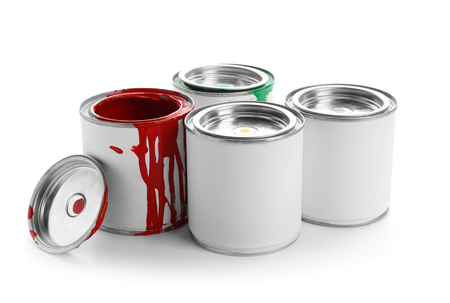 Different cans of paint on white backgroundの写真素材