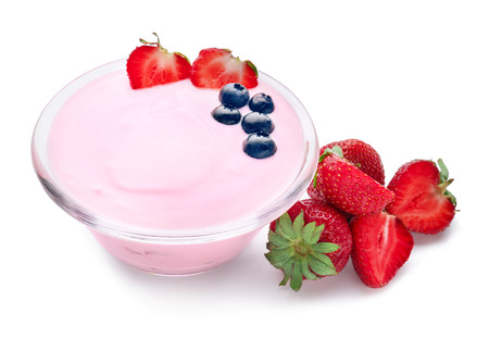 Bowl with tasty yogurt and berries on white backgroundの写真素材