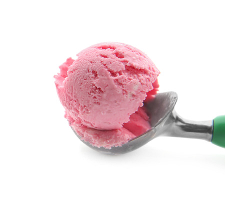 Scoop with delicious strawberry ice-cream on white backgroundの写真素材