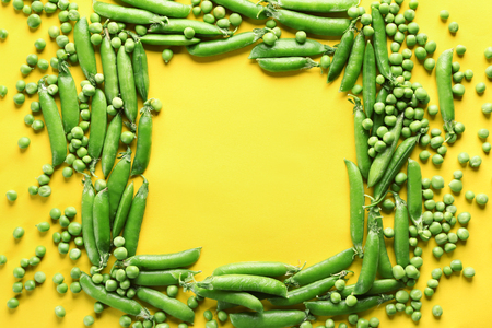Frame made of fresh green peas on color backgroundの写真素材