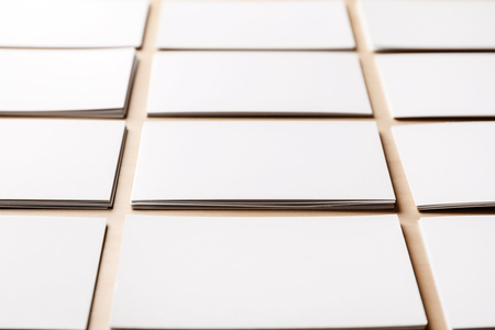 Blank business cards on wooden background, closeupの写真素材