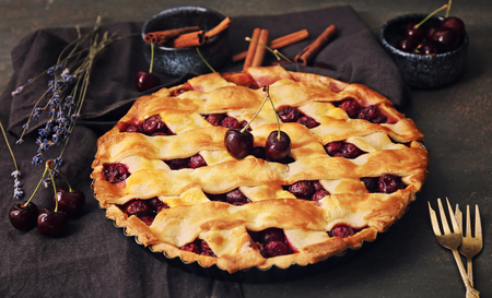 Delicious homemade cherry pie on tableの写真素材