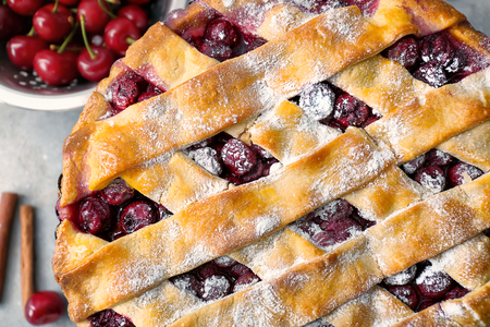 Delicious homemade cherry pie on table, closeupの写真素材
