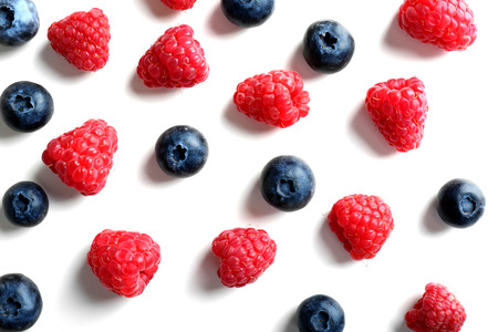 Delicious ripe berries on white background, top viewの写真素材