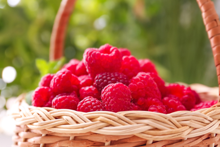 Wicker basket with fresh raspberries outdoors, closeup