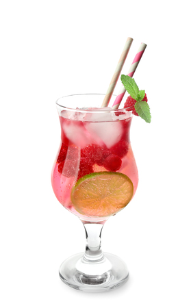 Glass of fresh raspberry mojito on white backgroundの写真素材