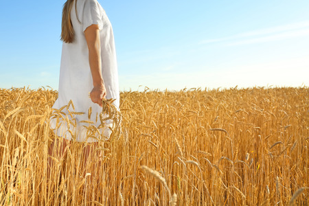Beautiful woman with wheat spikelets in field on sunny dayの写真素材