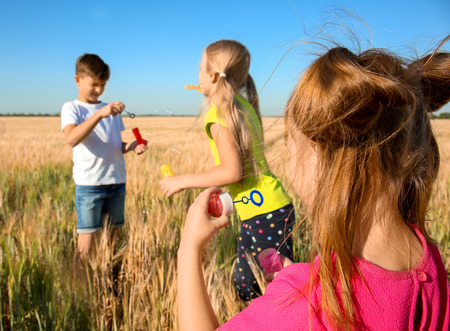 Cute little children blowing soap bubbles in wheat field on sunny dayの写真素材