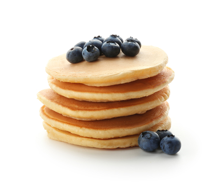 Delicious pancakes with berries on white backgroundの写真素材
