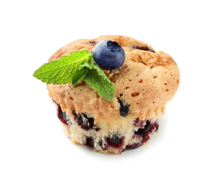 Sweet blueberry muffin on white backgroundの写真素材