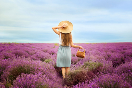 Beautiful young woman with wicker basket in lavender field on summer dayの写真素材