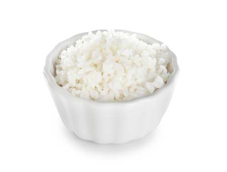 Bowl with freshly cooked rice on white backgroundの写真素材
