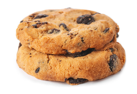 Tasty cookies with chocolate chips on white backgroundの写真素材