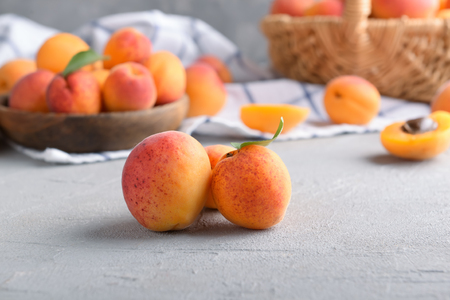 Sweet ripe apricots on tableの写真素材