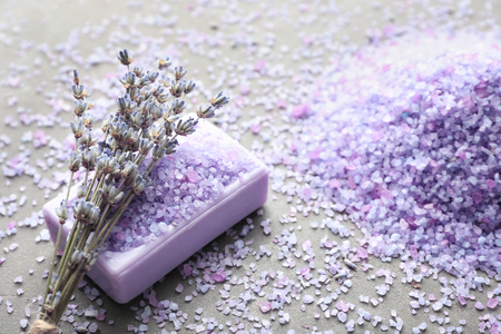 Soap, sea salt and lavender on tableの写真素材