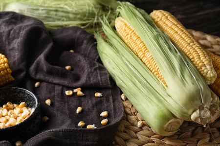 Fresh corn cobs on table
