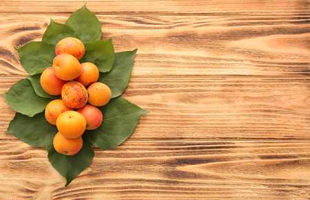 Composition with green leaves and ripe sweet apricots on wooden tableの写真素材