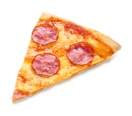 Slice of tasty Pepperoni pizza on white backgroundの写真素材