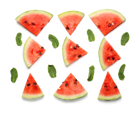 Composition with delicious sliced watermelon on white background