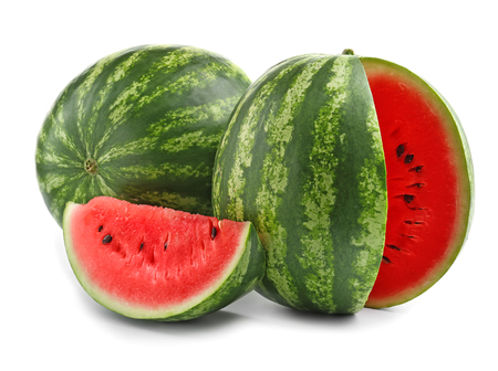 Delicious ripe watermelons on white backgroundの写真素材