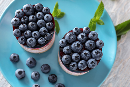 Delicious blueberry desserts on plateの写真素材