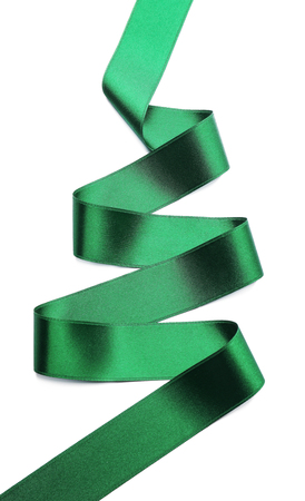 Green satin ribbon on white backgroundの写真素材