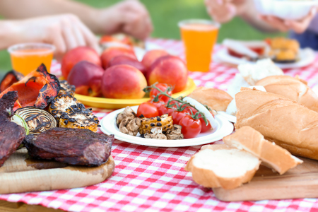 Table with tasty food prepared for summer picnic outdoorsの写真素材