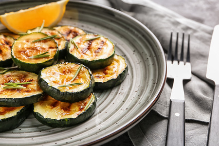 Tasty grilled zucchini on plate, closeupの写真素材