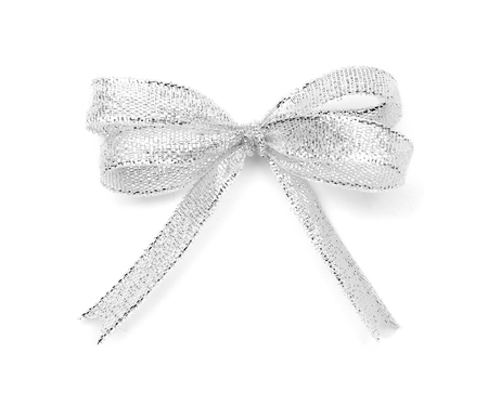Beautiful bow made from silver ribbon on white background