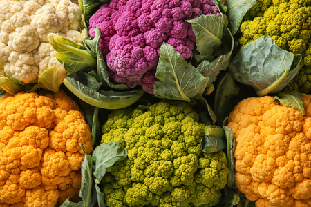 Colorful cauliflowers on table, top viewの写真素材