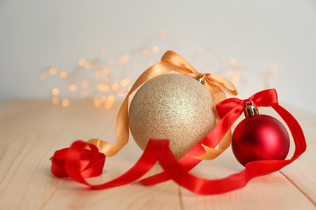 Christmas balls on wooden tableの写真素材