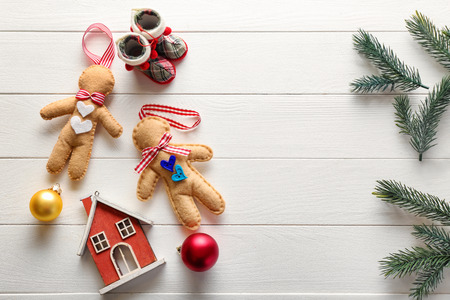 Christmas decorations on white wooden tableの写真素材