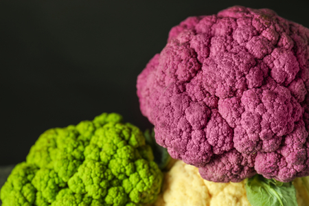 Different cauliflower cabbage on black background, closeupの写真素材