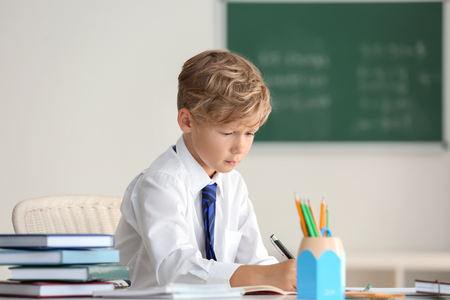 Cute little boy doing homework in classroomの写真素材