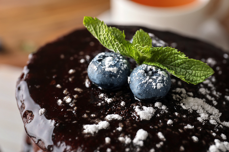 Tasty chocolate dessert with blueberries, closeupの写真素材