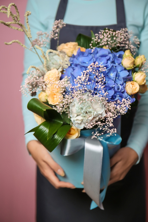 Female florist holding gift box with beautiful flowers on color background, closeupの写真素材