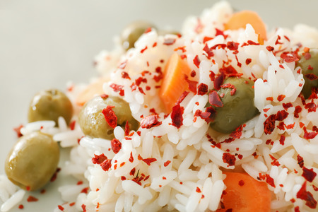 Tasty boiled rice with vegetables, closeupの写真素材