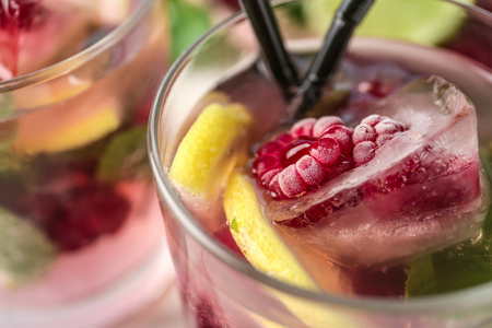 Glass of fresh raspberry mojito, closeupの写真素材
