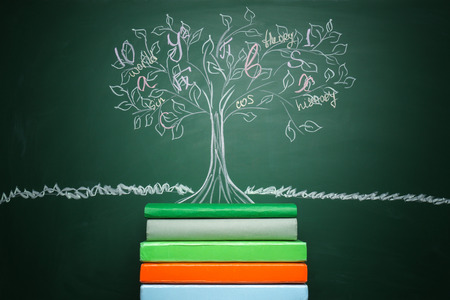 Stack of books and drawn tree on chalkboardの写真素材