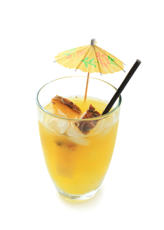 Glass of tasty pineapple cocktail on white backgroundの写真素材
