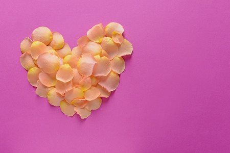 Heart made of beautiful flower petals on color backgroundの写真素材