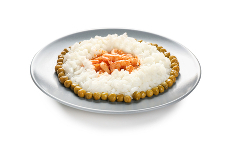 Tasty boiled rice with shrimps and peas on plate, isolated on whiteの写真素材