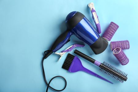 Professional hairdresser's set on color backgroundの写真素材