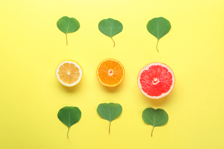 Fresh tropical leaves and fruits on color backgroundの写真素材